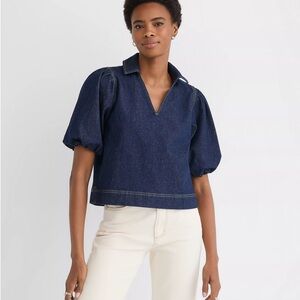 NWT-Petite Denim Puff Sleeve Top